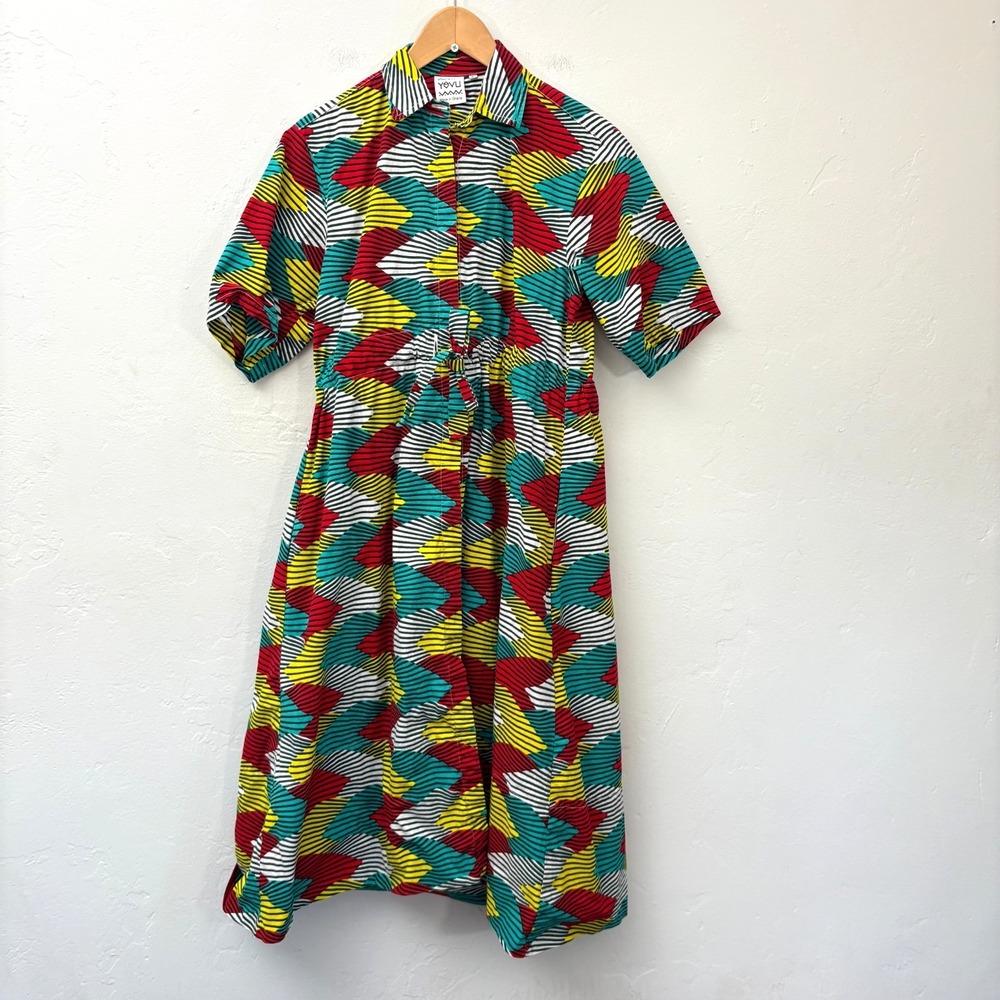 Yevu Shirt Dress Women Size Small Red Yellow Green Midi Made in Ghana